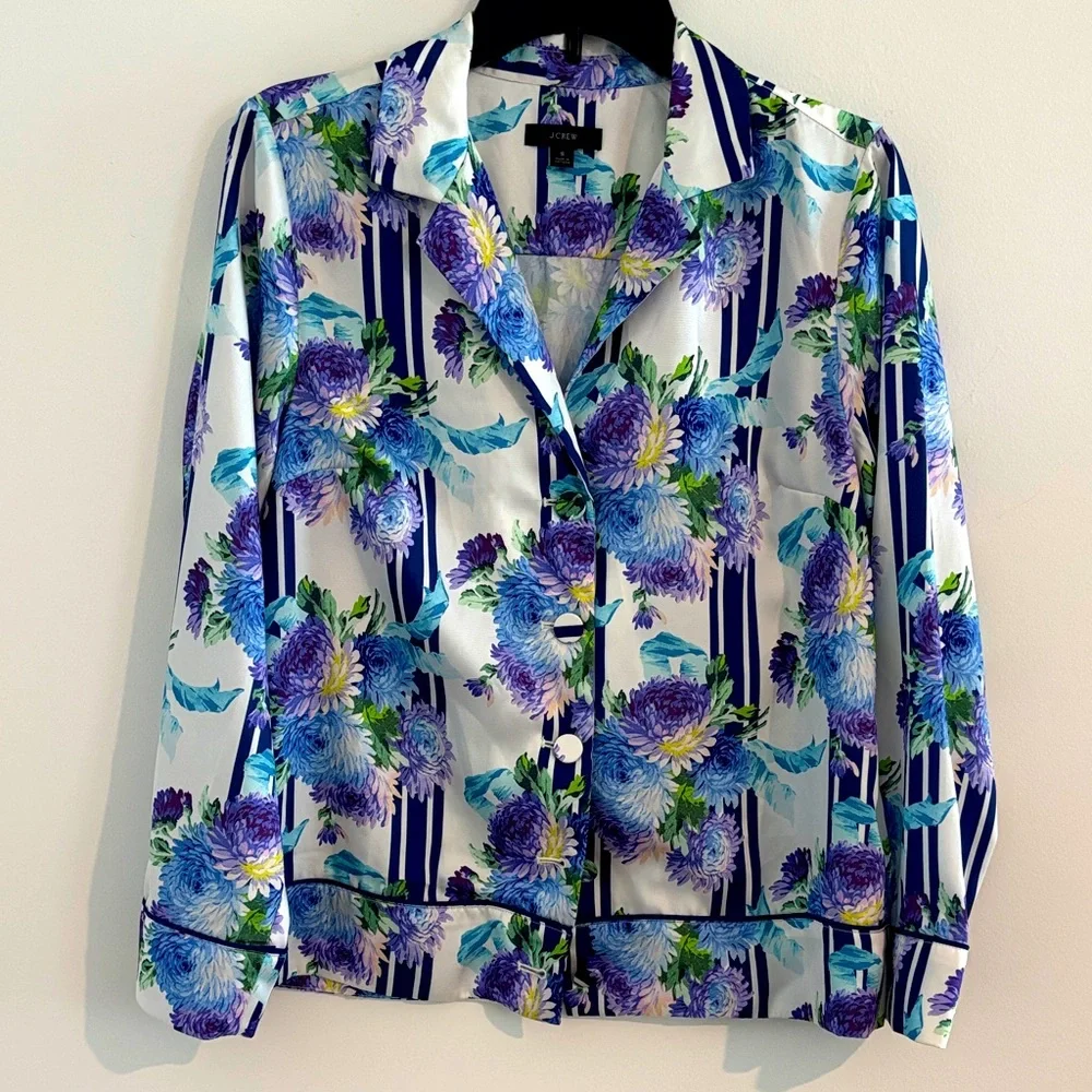 J. Crew‎ Floral Button Down Pajama Set Retail $158 - Blue, Green & Purple